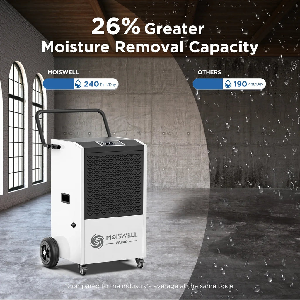 Moisture Defrost, for 240 Moiswell Memory Auto 8,500 Pints Basements, Commercial Pump - for Dehumidifier Spaces Sq Hose Drain Starting Site, Unit Large up Ideal Damage Industrial and to with Ft -
