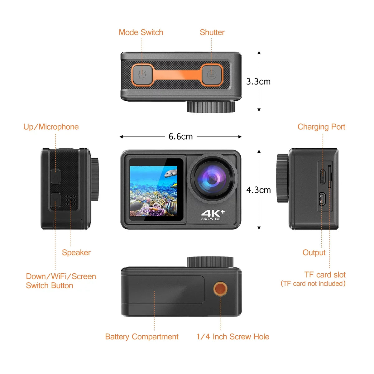 Macro Dual Remote 4K Screen Lens 24MP Wide Screen Moistureproof WiFi Sports 40m with 170° Inch Angle GoolRC Sport for 2.0 Control