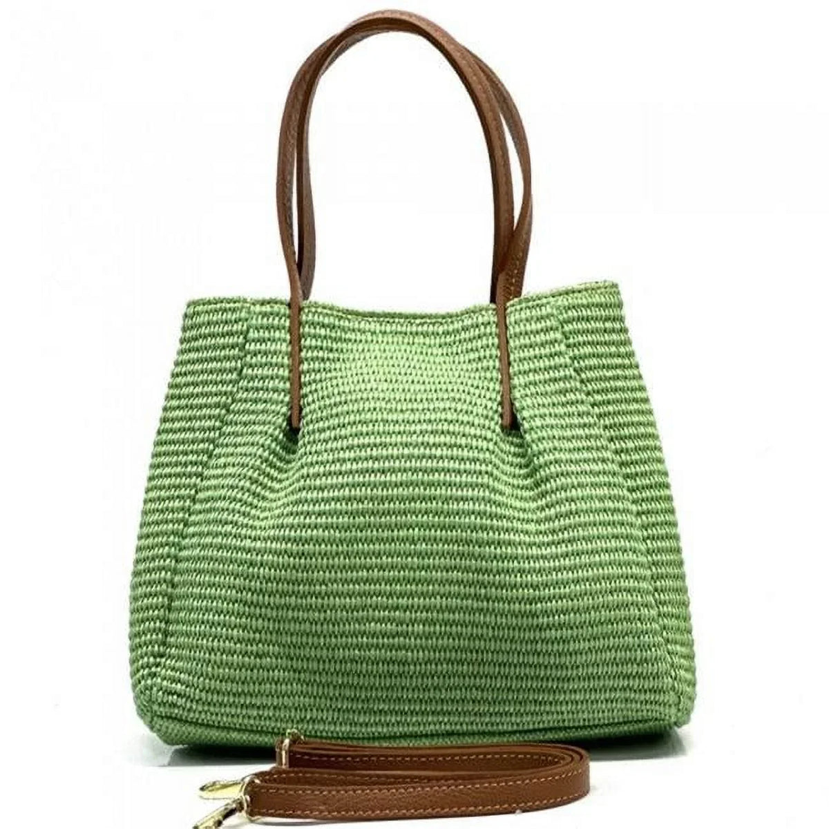 Raffia Handle Double , & Green Irina Light Medium Artisan Leather Made of Handbag Italian -