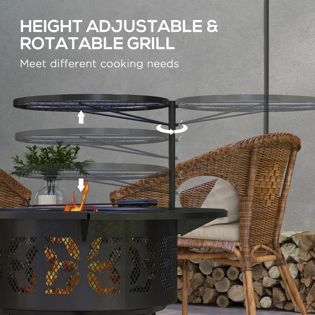 Grate Round, Wood Adjustable and with Poker, Pit Picnic, Black Cooking Firepit for Grill Burning Fire Capri Outdoor Backyard, 33" Patio,