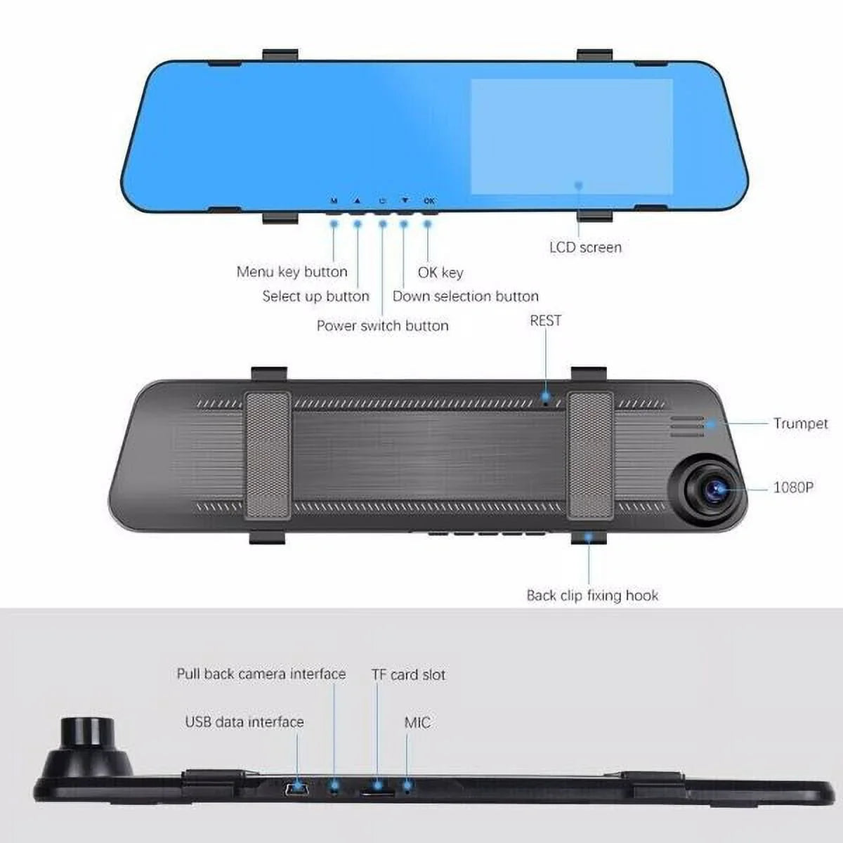 1080P Video Car Cam Camera Fithood Mirror Dash Rearview Rear Recorder Front Dual