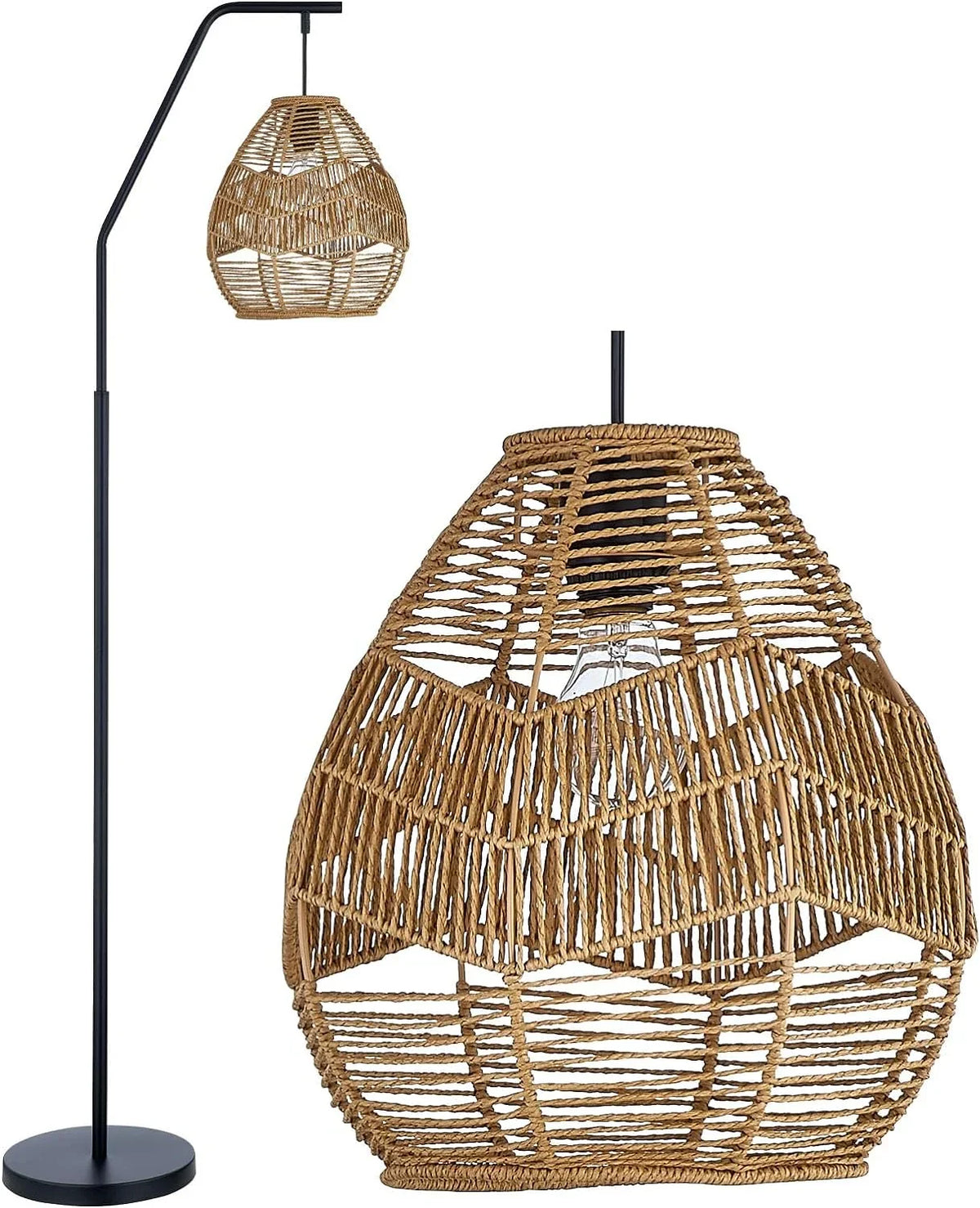 Shade, Lamp Boho Floor with Rattan Farmhouse Woven Lamp Rattan Larger Maxax Black Lamp Standing Arc