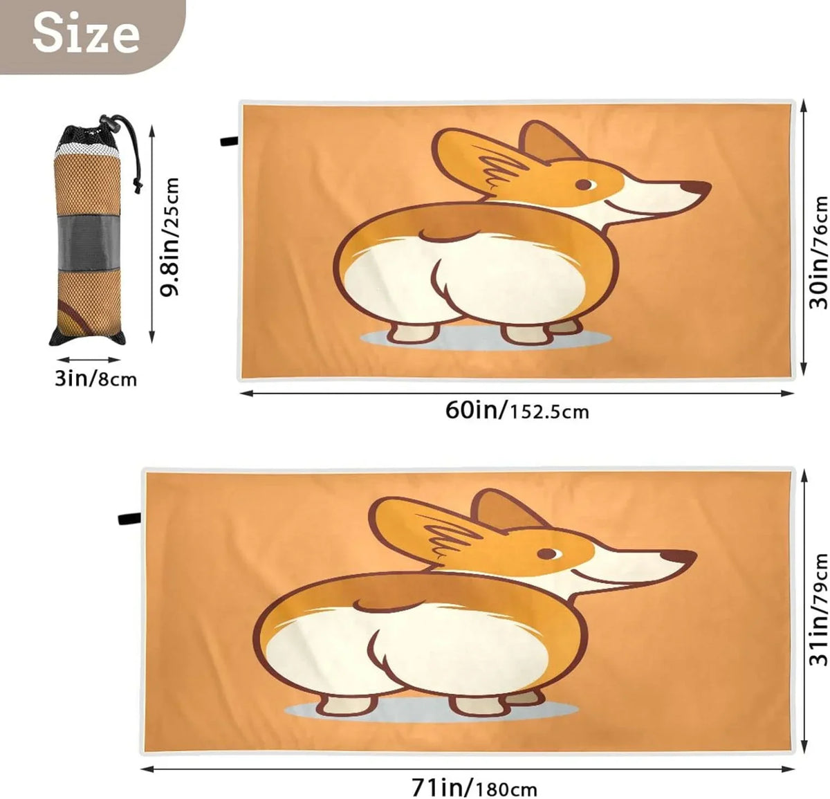 for Towel Absorbent Holiday（353） - Orange Bestwell Towels Lightweight Compact Oversized - Dry Beach Cute Towel Camping Quick Corgi Travel Super Swimming