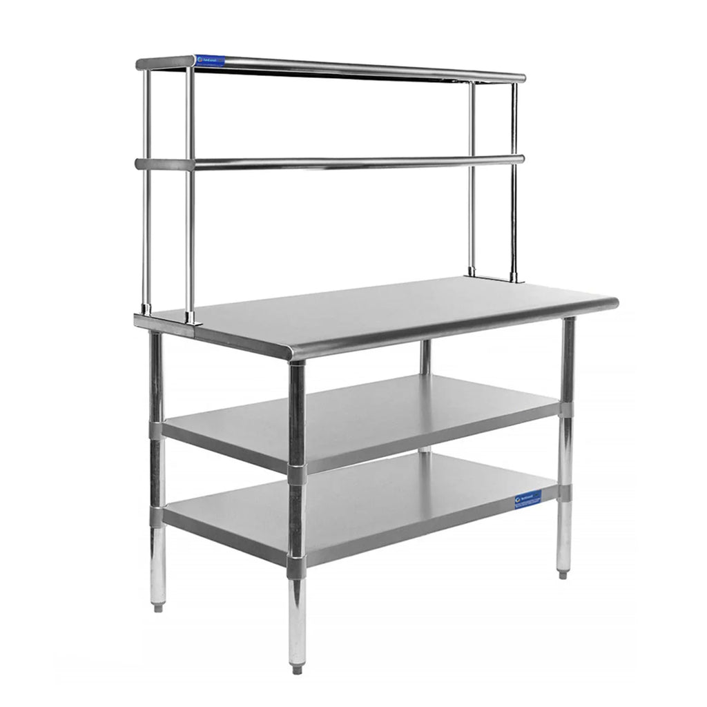Stainless Kitchen Overshelf & Work x With Double Shelves Two Combo Shelving Table Prep Wide 30" 12" | Tier 48" | Table Steel Metal