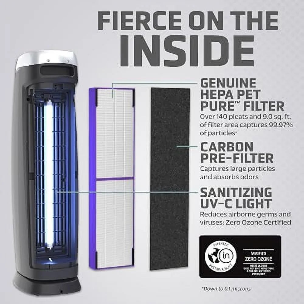 Air 1 Pure Shields Helps Pollutants, Removes 915 Purifier Filter, in Large Genuine Germs, to Hour, 28", Black, up of 13 GermGuardian 99.97% with Reduce AC5250PT Light ft. Sq. Pet -C Rooms