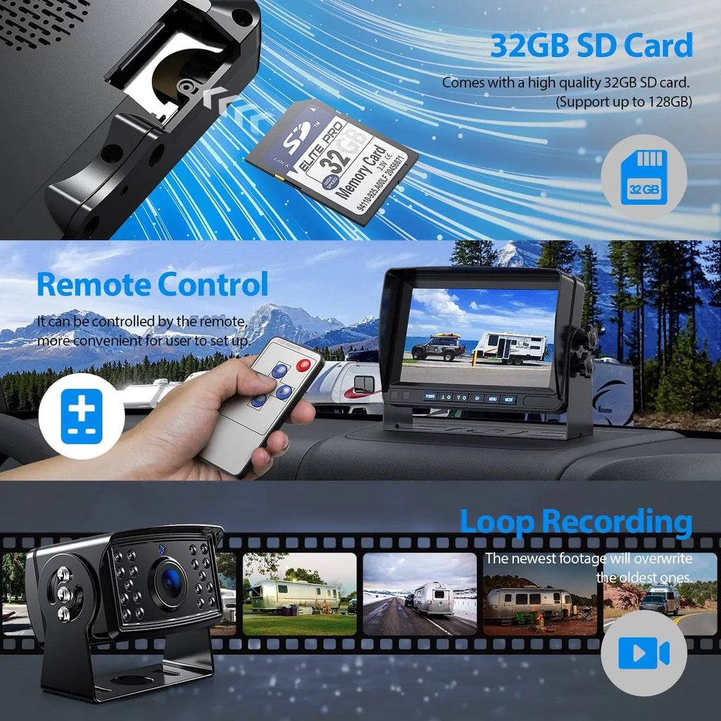 Button Camera View Night Systems, Camera Monitor, 1080P Rear Moistureproof IP69 Split for Clear Reverse Touch Kit Backup 7'' Vision /Trailer/Semi-Truck/Camper-BY702A Wired