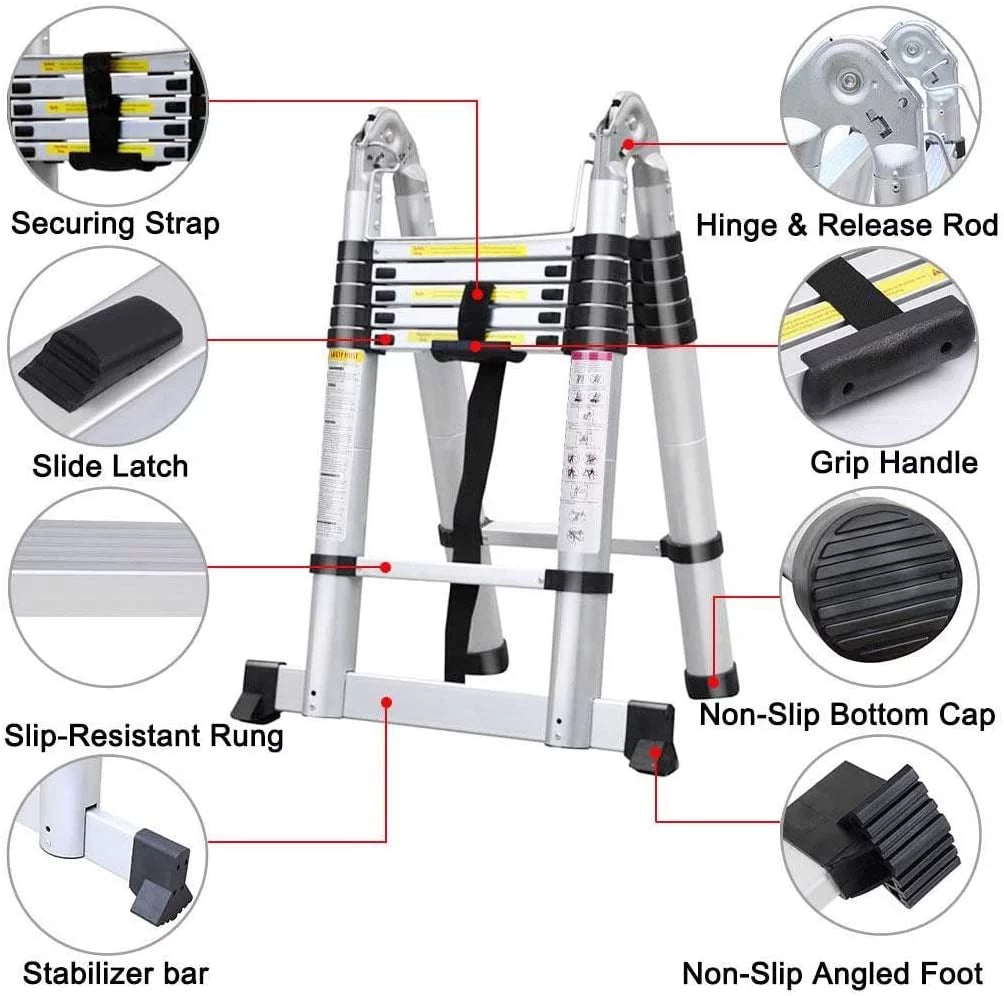 A-Frame Aluminum Folding Extension Portable Dayplus 12.5FT/3.8M Ladder Multi-Purpose Telescoping Ladder