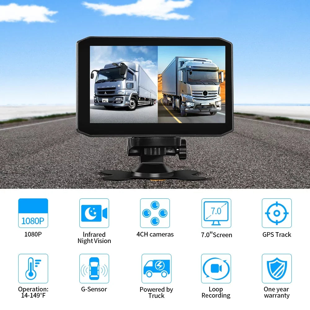 Van 2 Cam 7.0'' & Backup Screen Semi 4CH Display , Dash 1080P Sides Infrared Truck Power Vision Monitor Voltage Rear for , Trailer Tractor Lens, Split Cameras, Night & Front Camera