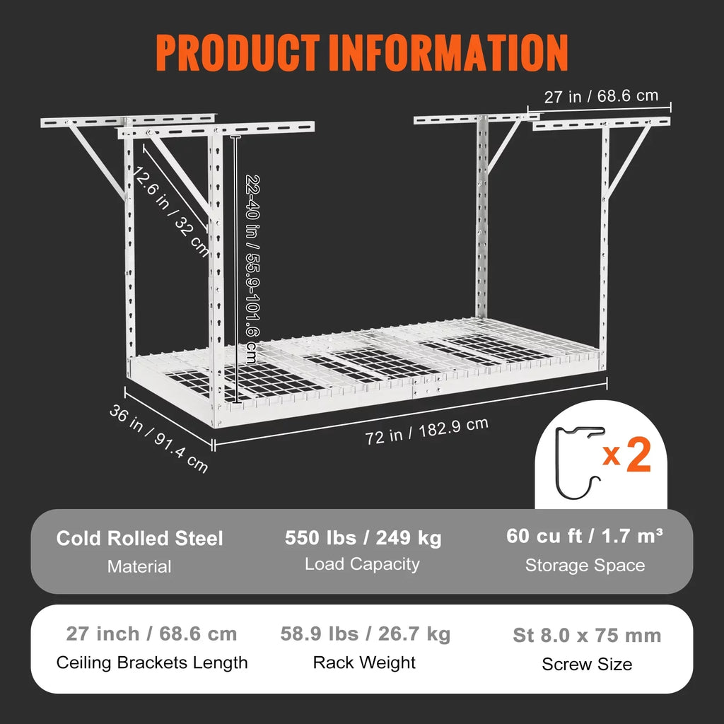Rack Adjustable Garage Ceiling 36x72in Overhead Rack White 550lbs Storage