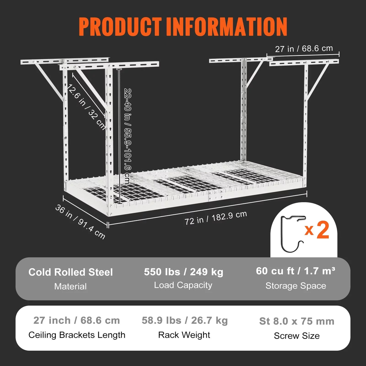 Rack Adjustable Garage Ceiling 36x72in Overhead Rack White 550lbs Storage