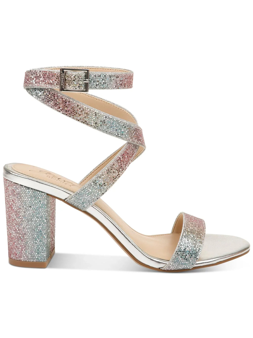 Rainbow Ankle Dress Buckle Newberry Round Glitter Toe Iridescent Block Adjustable Shoes Womens Heel Silver Sandals Padded Strap 9.5