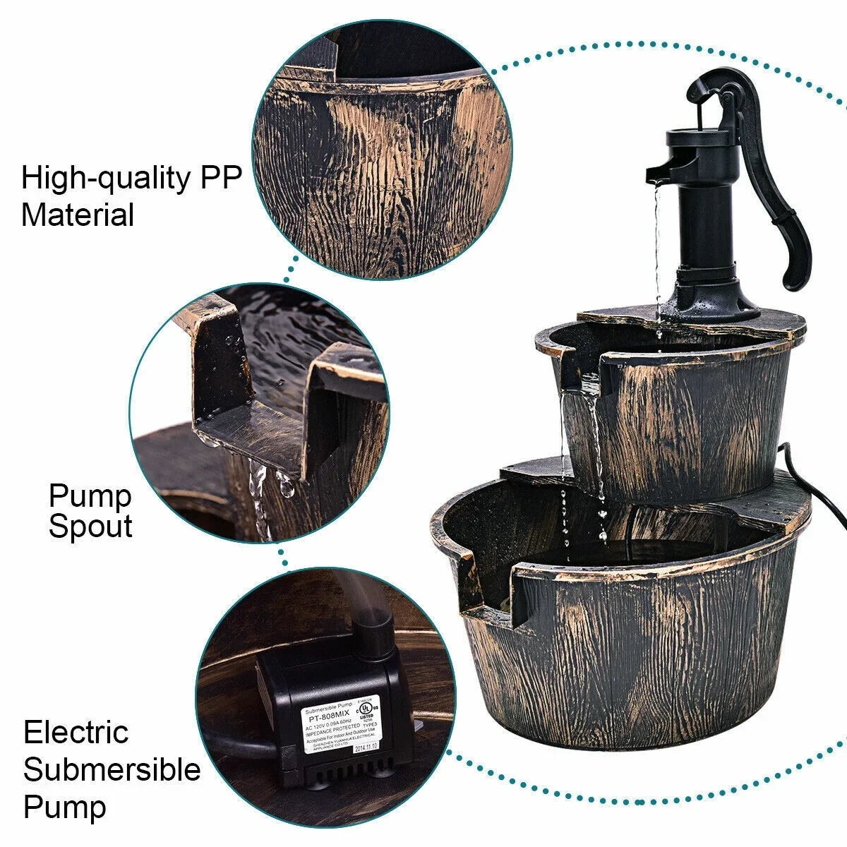 Fountain Pump Garden Barrel with | 2-Tier Outdoor Moisture Fountain Moisturefall Barrel