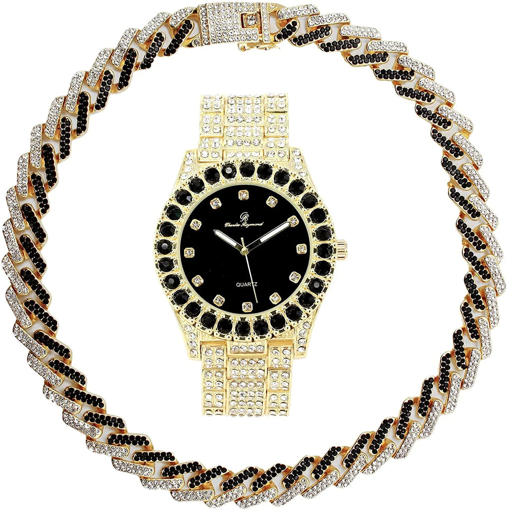 Charles Zig with Black on Matching and Blast! Gold Necklace Sets(ST10327DX Trim Necklace Rolly on Hip Raymond Sets Band with Out Bling'ed - Bling'ed Ice - Out Hop Looks Watch Zag Ice