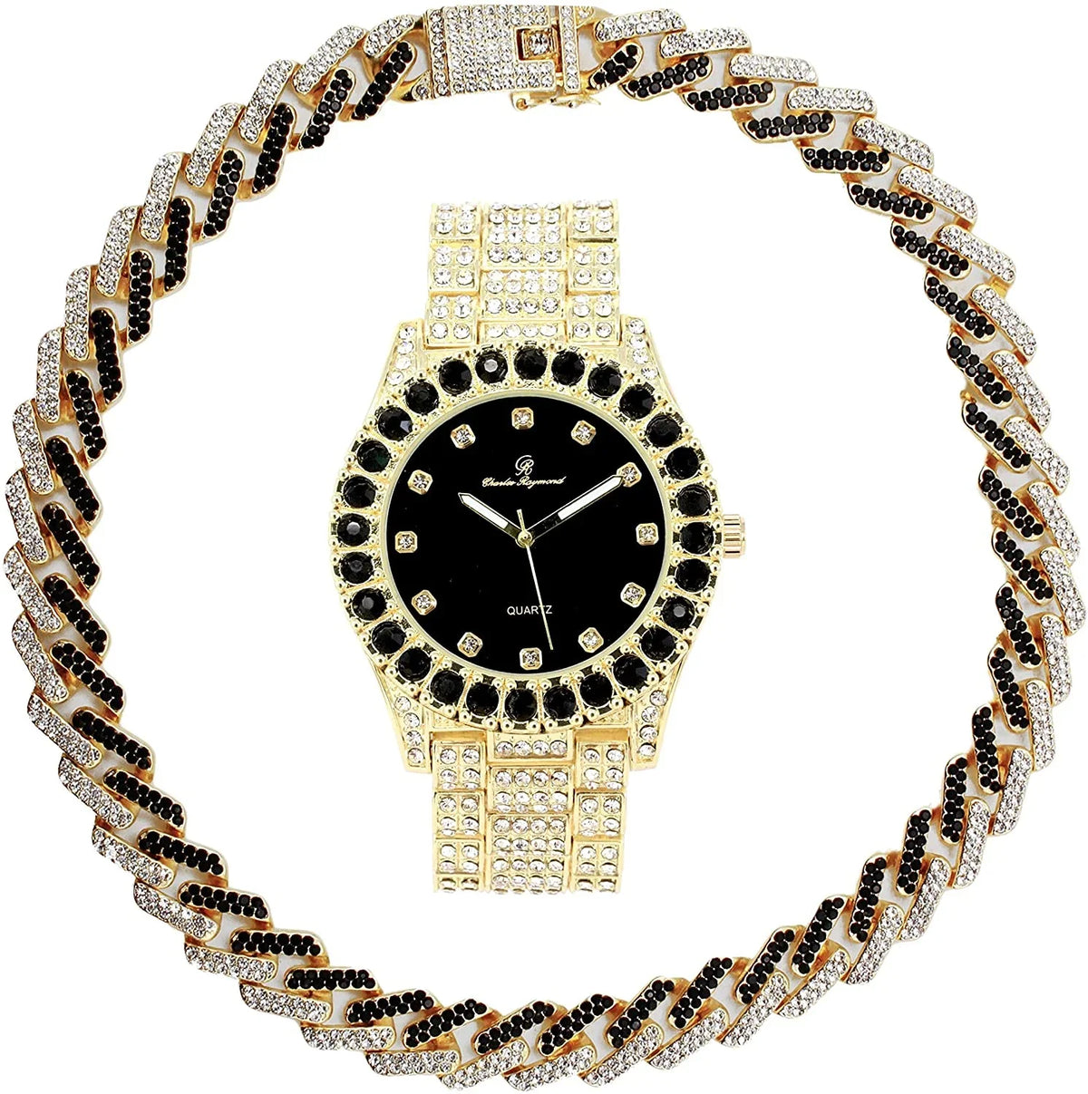 Charles Zig with Black on Matching and Blast! Gold Necklace Sets(ST10327DX Trim Necklace Rolly on Hip Raymond Sets Band with Out Bling'ed - Bling'ed Ice - Out Hop Looks Watch Zag Ice