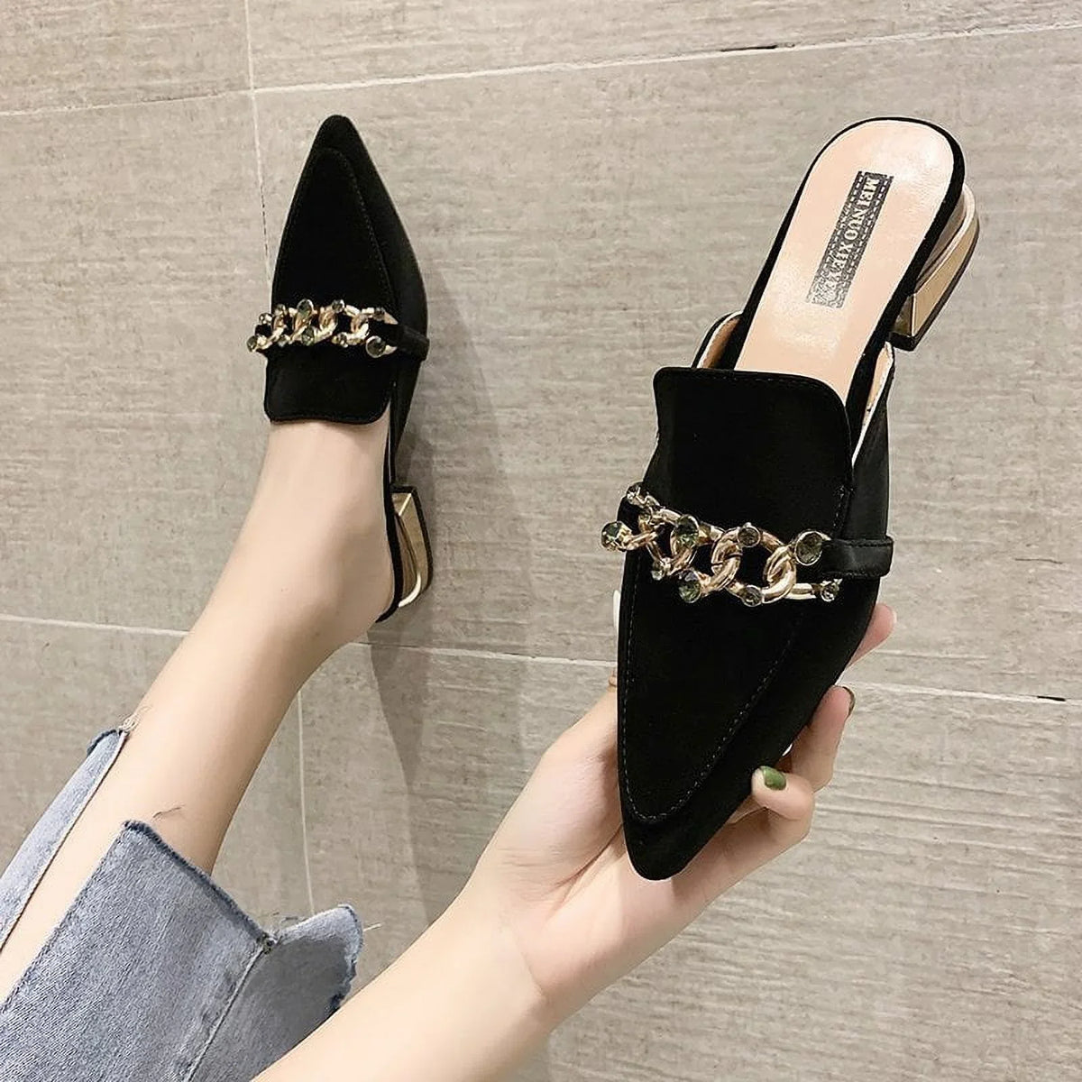 Square Slides Heels Fashion Shoes black Slides Shoe Summer Low Ladies Square Women Toe Mules Luxury Chain Slippers 37 Footwear 2023