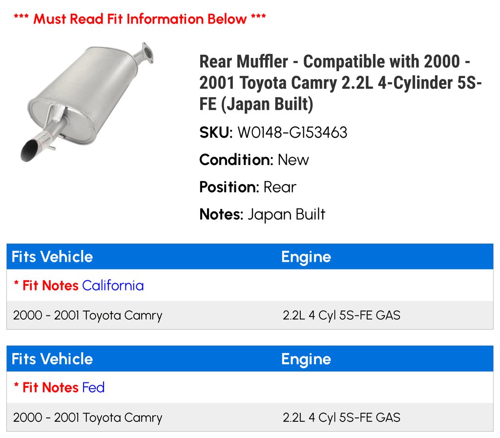 4-Cylinder Camry - (Japan Toyota 2001 5S- Rear 2.2L Fits with Muffler - 2000 Built)