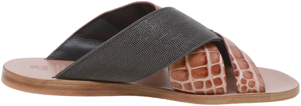 Snake - 7 Leather Sandal Women's Sliders M / Metallic Black Lizard-Effect Brunello Cucinelli