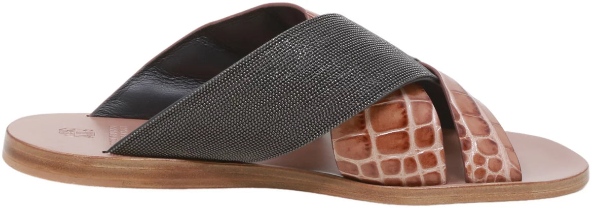Snake - 7 Leather Sandal Women's Sliders M / Metallic Black Lizard-Effect Brunello Cucinelli