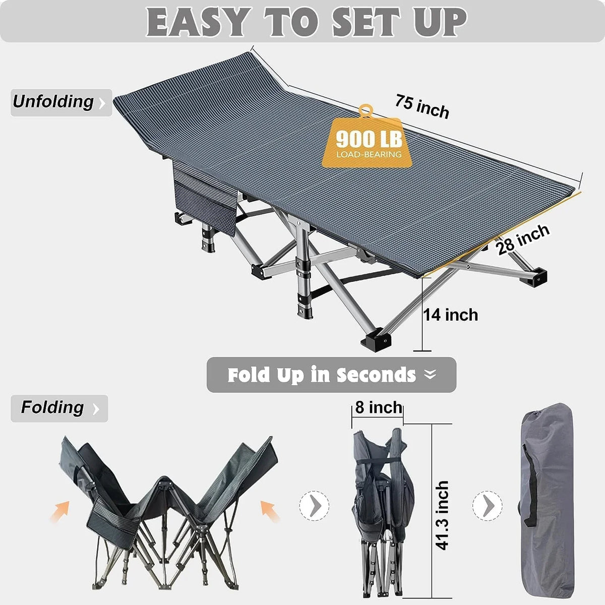 Cots - Adults Oxford Layer, Bed, with Folding and Camping Cot Carry Outdoor Bag Heavy Mat 1200D Camp for Duty Travel