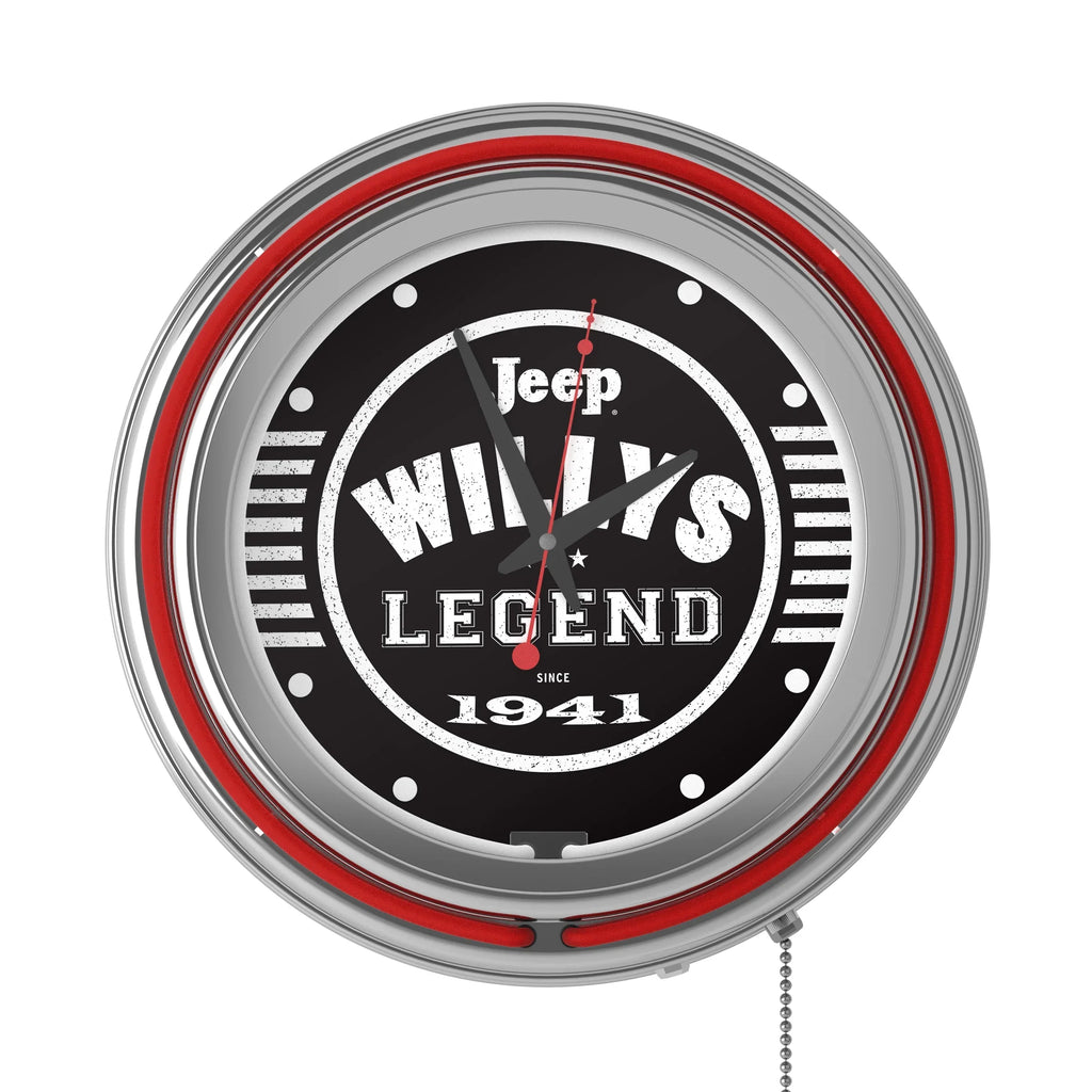 Black Garage, Double or Man Wall Accessories Clock-Jeep Pull Chain-Pub, Clock Cave Willys Legend Analog with Neon (Red) Rung
