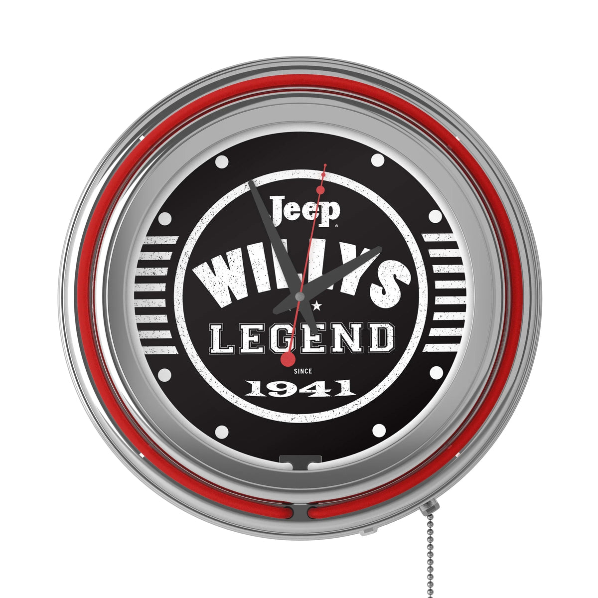 Black Garage, Double or Man Wall Accessories Clock-Jeep Pull Chain-Pub, Clock Cave Willys Legend Analog with Neon (Red) Rung