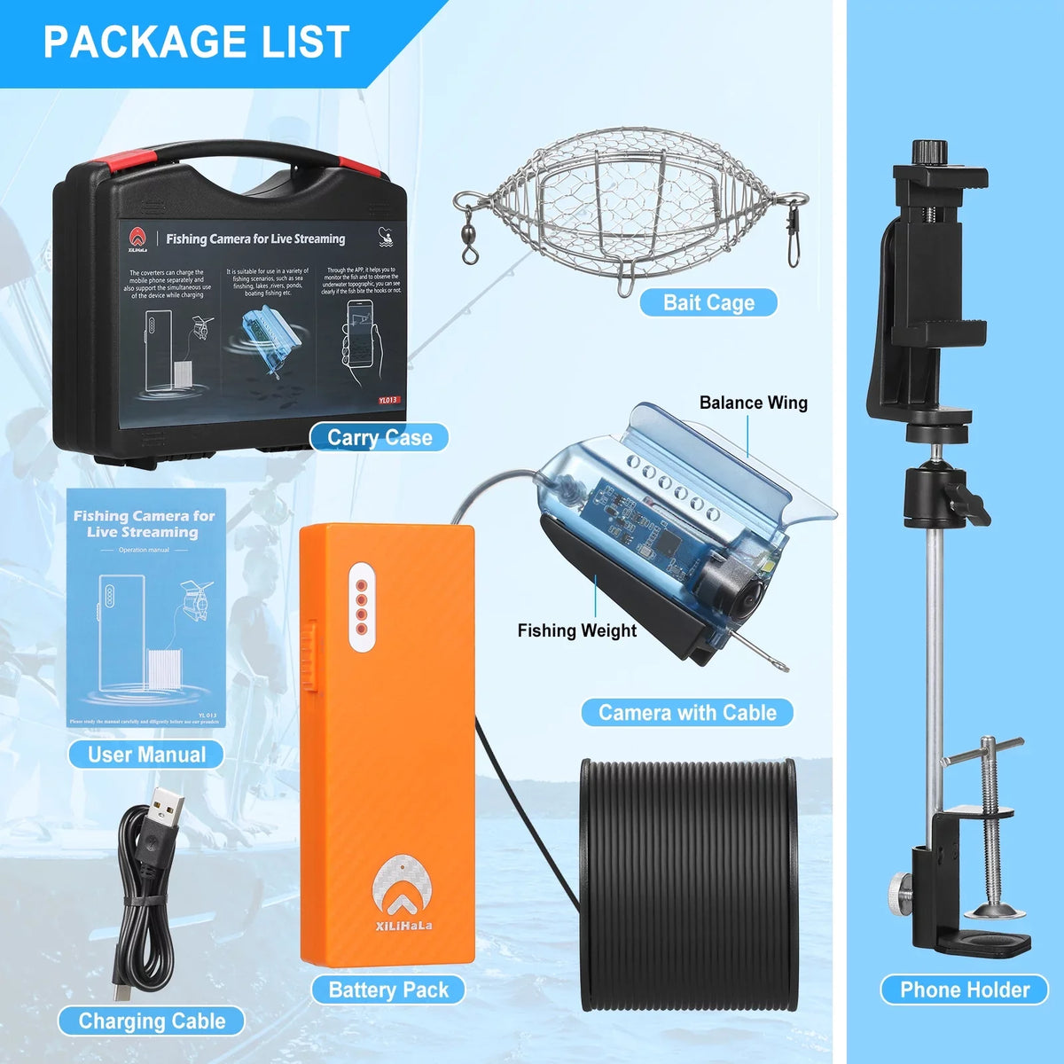 Video 50M Carry Cable with Fishing Phone Case Finder Holder Cage Fish Live Bait Ice Mobile 1080P Kayak with Sea Fishing for Lake Underwater Vessel Camera Control Camera Fishing
