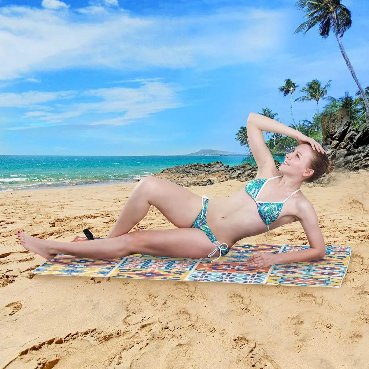Bestwell Oversized Talavera Multipurpose Lightweight Bath Dry Towel Tiles Towel, Shower Blanket, Yoga 31”X71” Microfiber Mexican Style Towel Beach Sand Free Quick Thin Towel Pool Swim