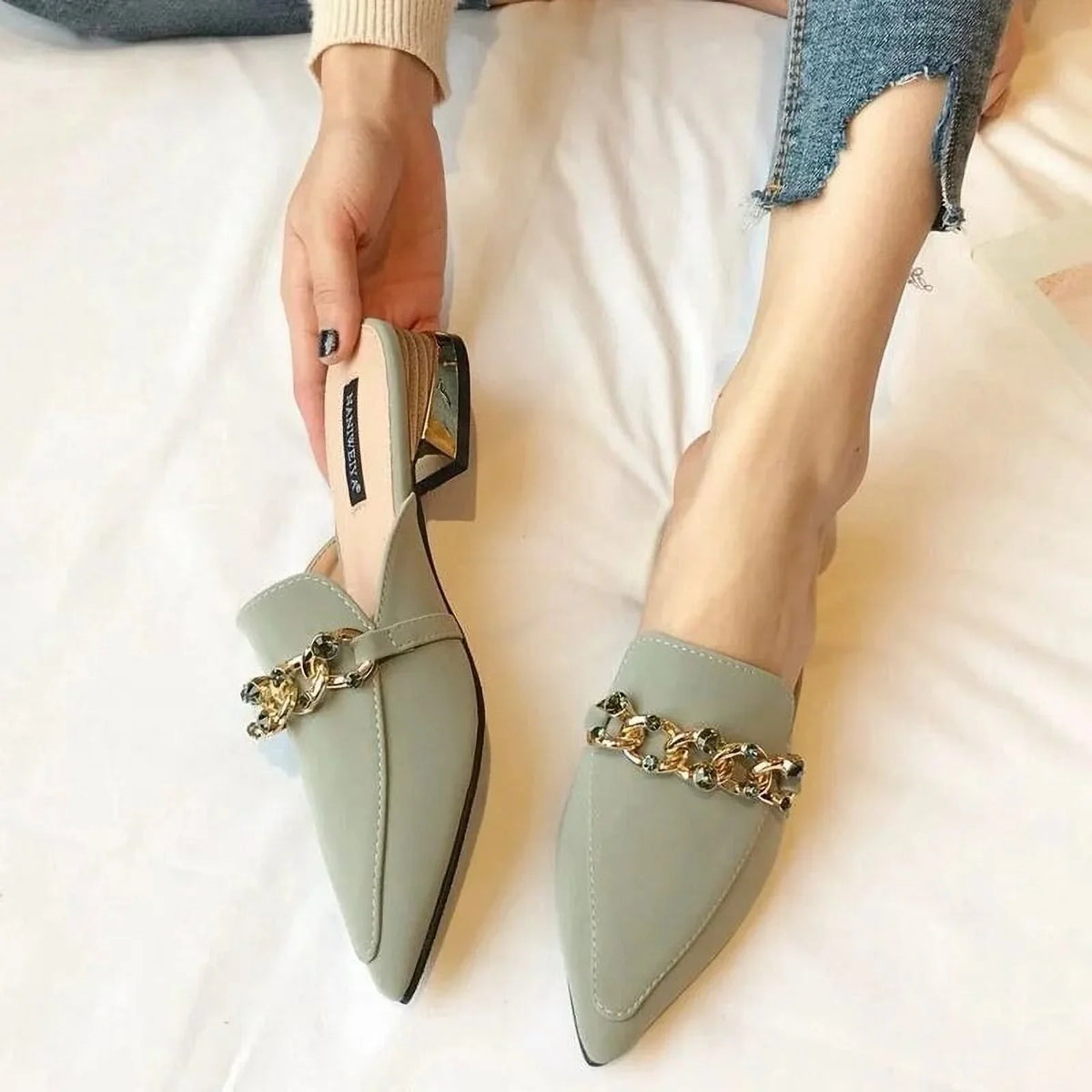 Square Slides Heels Fashion Shoes black Slides Shoe Summer Low Ladies Square Women Toe Mules Luxury Chain Slippers 37 Footwear 2023