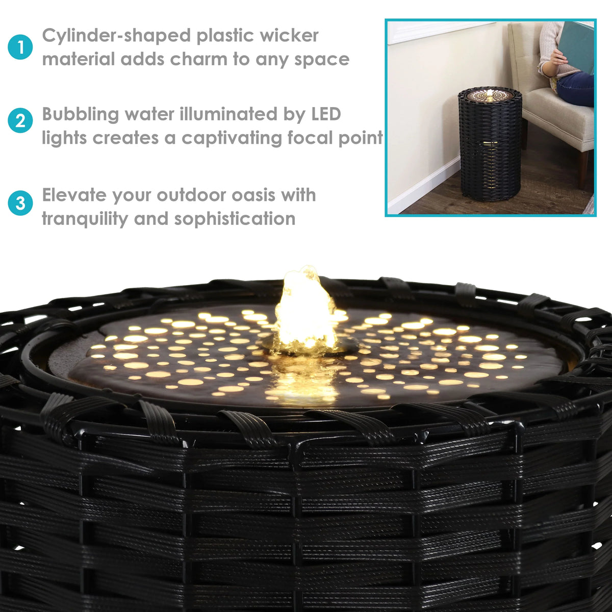 with Cylinder Plastic Wicker - Fountain Sunnydaze Lights 20.5"