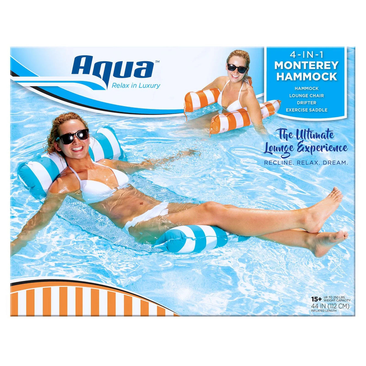 Aqua Hammock Assorted 1 Lounge Swim Monterey Pool 4-In-1 Pc, Inflatable Fabric/Mesh