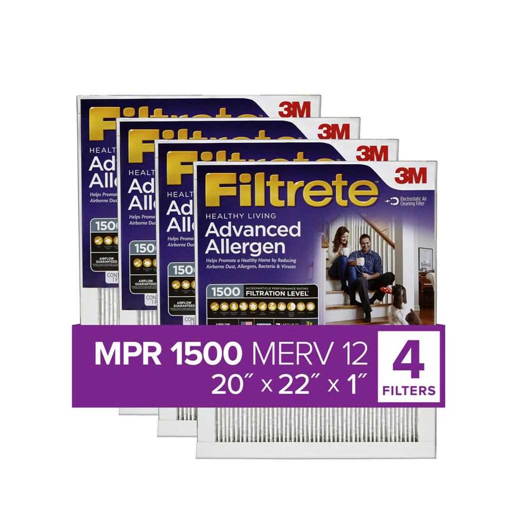 Filter, Captures Filters Allergen Bacteria, Allergens, 20x22x1, 3M, 4 Filtrete 12, , by 1500 Viruses, Reduction Advanced Furnace Air