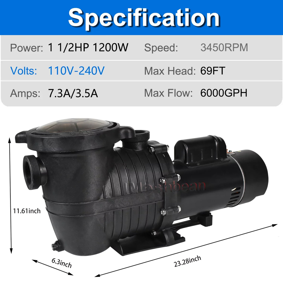 iMeshbean In-ground Pool Ground Motor Pool 1.5HP 110V-230V, Above Pool and Inground Basket Circulation, for Moisture Swimming Strainer Pump, Max 6000GPH, 69FT, Head w/ Swimming