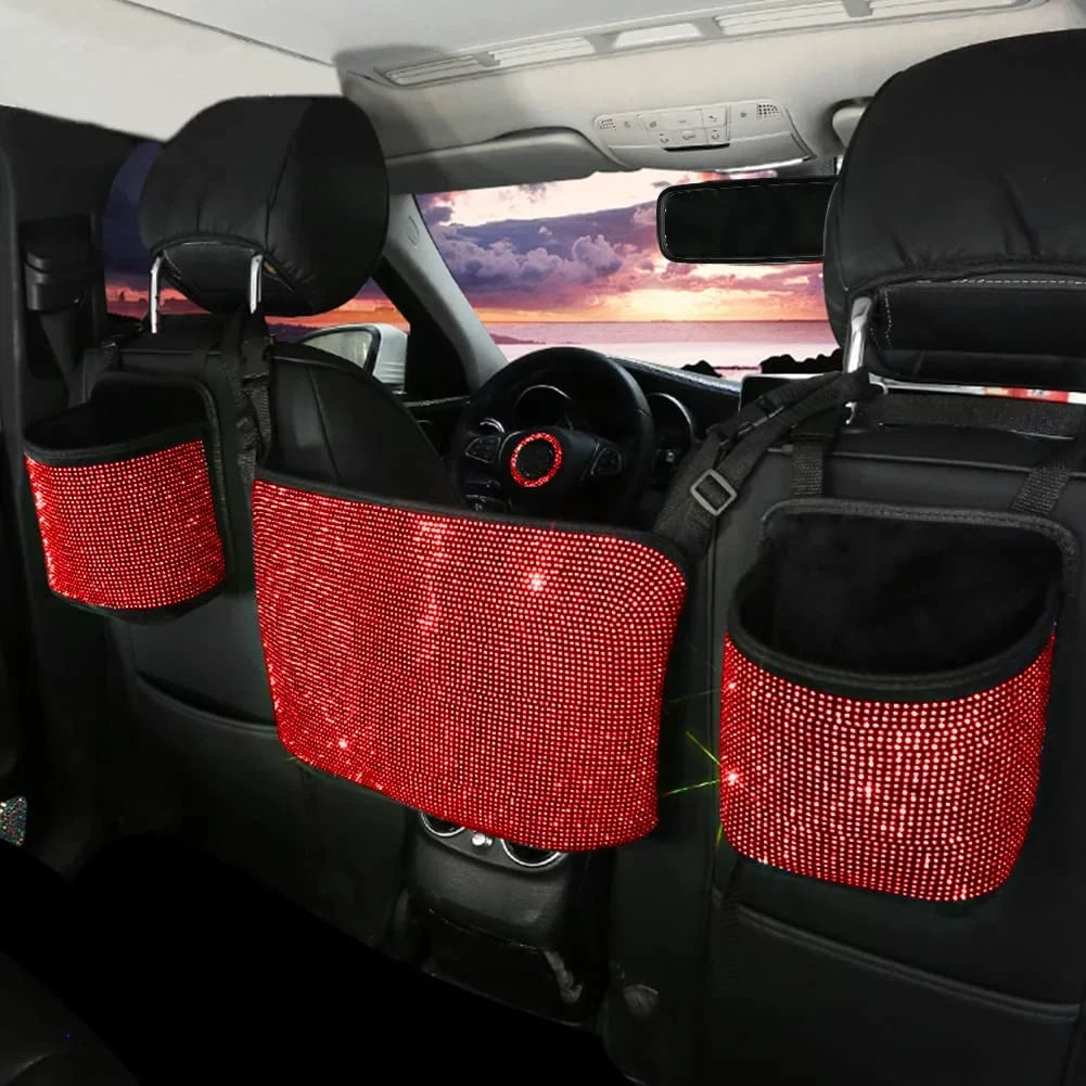 Bling Seat Backseat - Accessories Pocket Can,Rhinestones Car Handbag Car Auto Plush,Red StorageTrash Holder Organizer,Car Net Seat Between eing Bag,3-Pack Seat,Back Storage