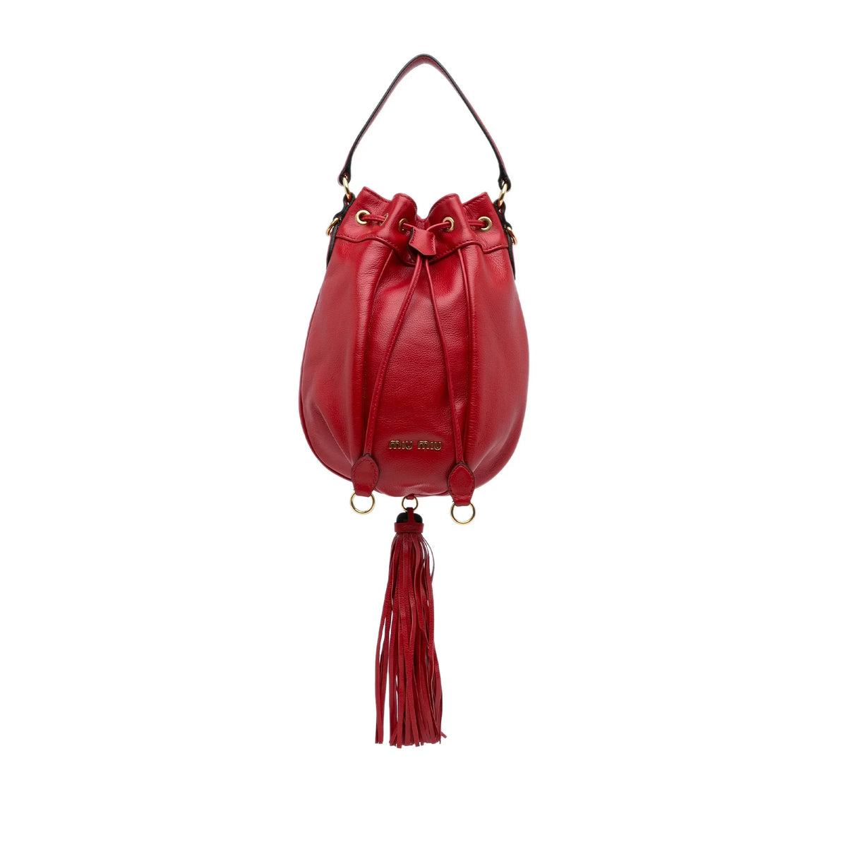 Miu Unisex Bucket Leather Accent Bag Pre-Owned (Good) Red Calf Tassel DrawstringBag Authenticated Miu