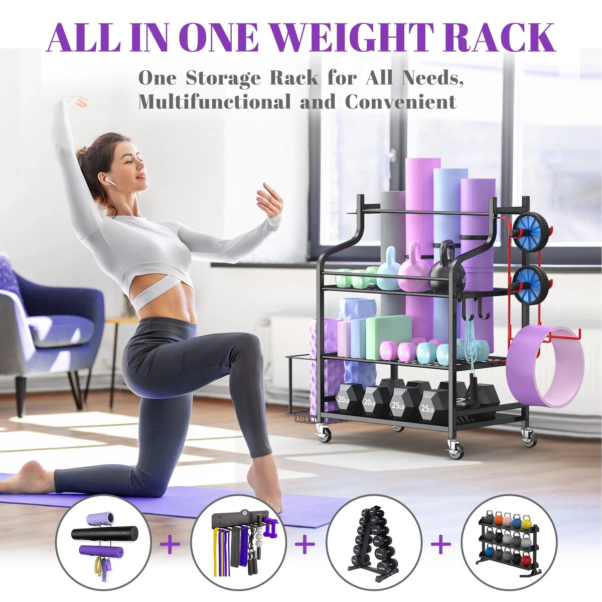Rack, Workout Mat Storage Hooks Yoga Wheels Storage Mythinglogic Equipment Home Gym with Organizer Racks, Storage