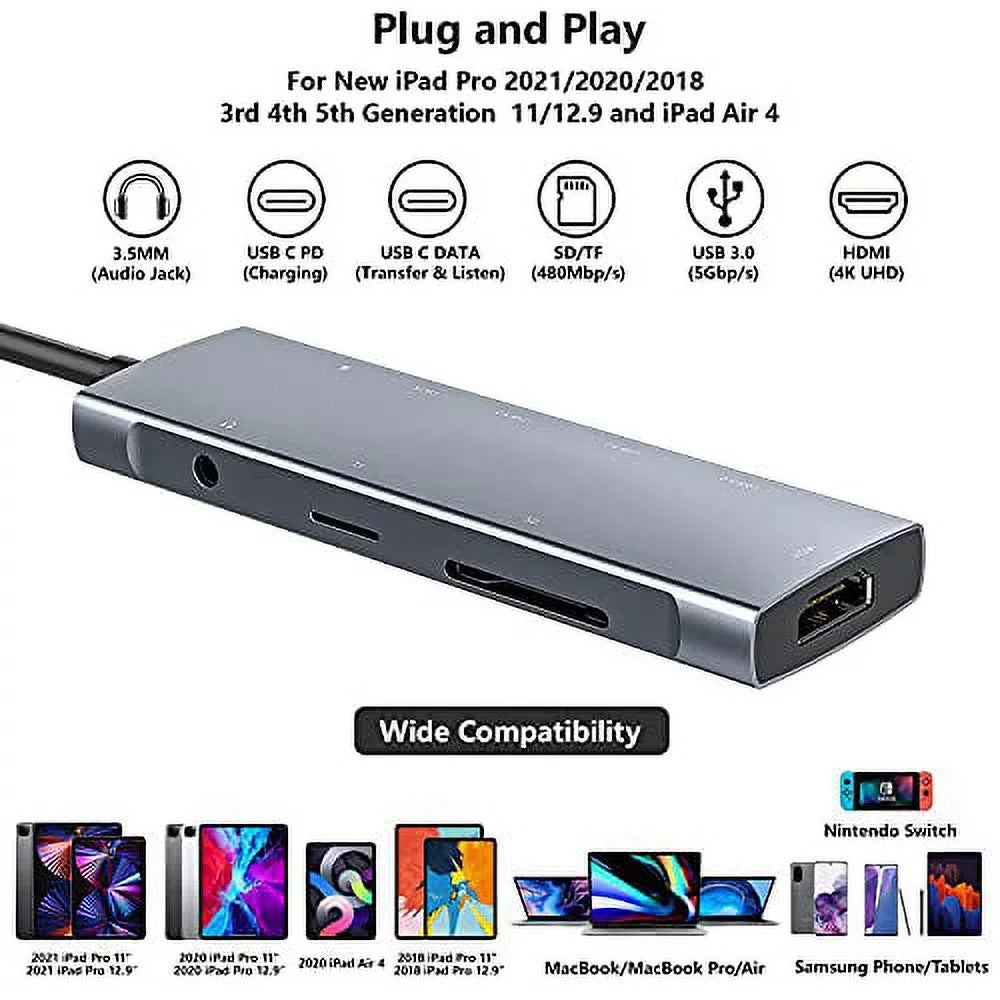 Air 3.5mm with Pro 2021 9-in-1 Pro 4K iPad Jack Charging, inch C Card for Reader, Type -C 3.0, /Micro iPad 4 Headphone Docking Station 12.9 iPad C 11 2018 Adapter Data 2020