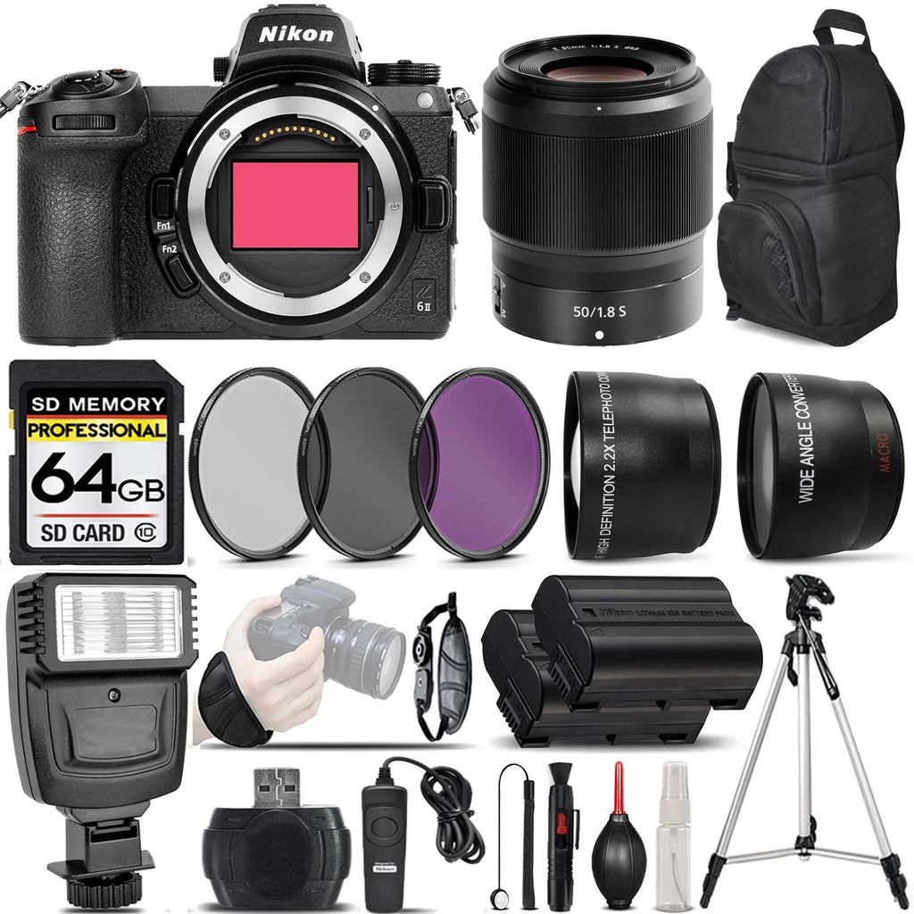 64GB Remte Memory + Digital - with Angle + Lens Wide Telephoto Lens -- Flash + + International 2.2x + f/1.8 Z6 + S 50mm Filters Nikon Camera Lens 0.43X Version Card Wireless Mirrorless