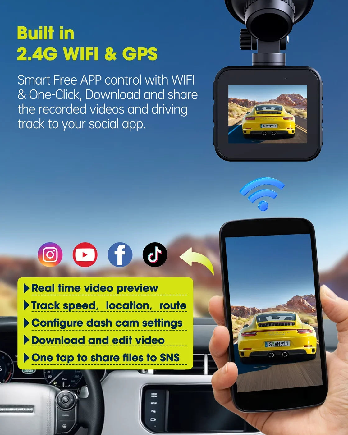 Dash Camera for Control with Front Super Camera Voice Vision, Car WiFi Cam 4K Night Built-in Car