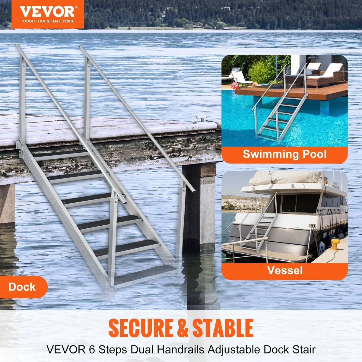 Dock Alloy Height 43 51 Vevor 6-Steps 500 Pontoon Load Ladder with Vessel Adjustable lbs in. Aluminum to