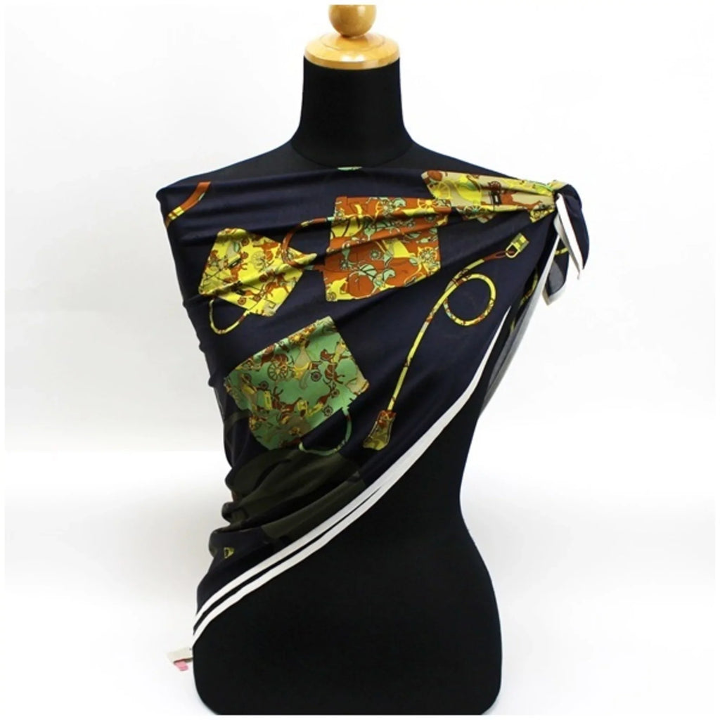 Kelly's Caleche" Carriage Scarf Hermes Black Pre-Owned Carre en 90 "kelly (Good) Silk Muffler Women's