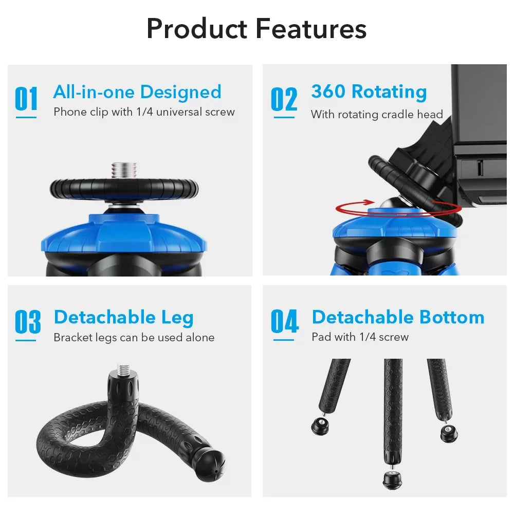 Mobile Phone Max Clip -JJ07 Foldable Travel Tripod Load Camera Portable Flexible Fits Detachable GoPro Octopus with Mini Tripod with Phone 3kg