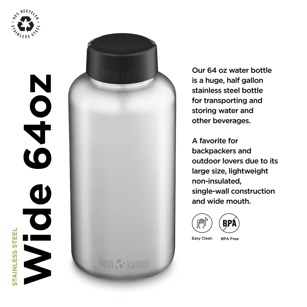Brushed w/Wide Stainless 64oz, Wide Loop Kanteen Cap, Klean