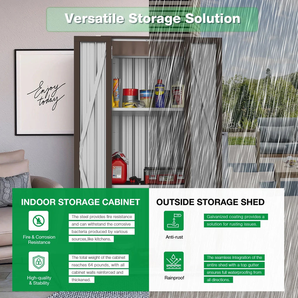 Metal Indoor for Garage& Shed Brown Cabinet Doors Outdoor/ Organizer Storage with Garden 70" in and Storage Shelves