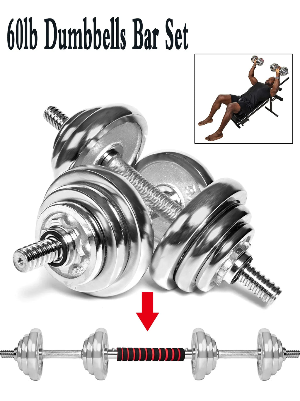 4 Weightlifting Ergonomic Strength Training Weights Modes Handles Adjustable Dumbbells for 60lbs Barbell Dumbbell Set Dumbbells with Barbell with Rubber Workout Dumbbell