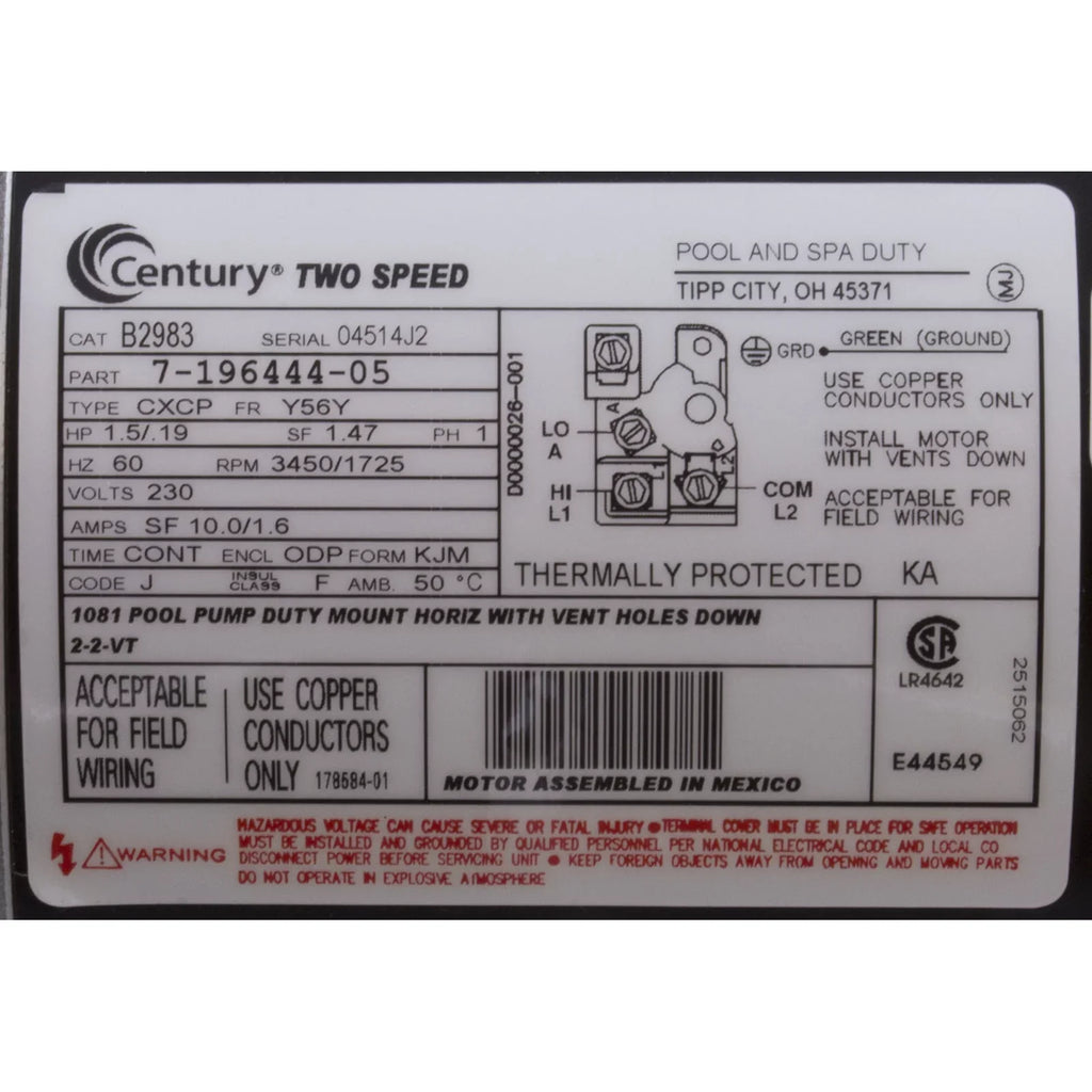 B2983 1.5 Century 2-Speed 56Y # Motor Flange 230V Pool Square hp Frame