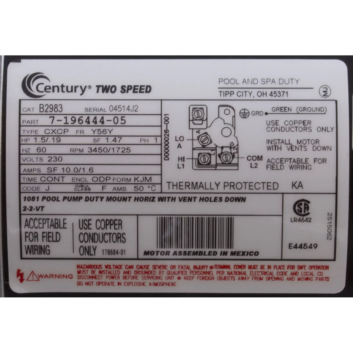 B2983 1.5 Century 2-Speed 56Y # Motor Flange 230V Pool Square hp Frame