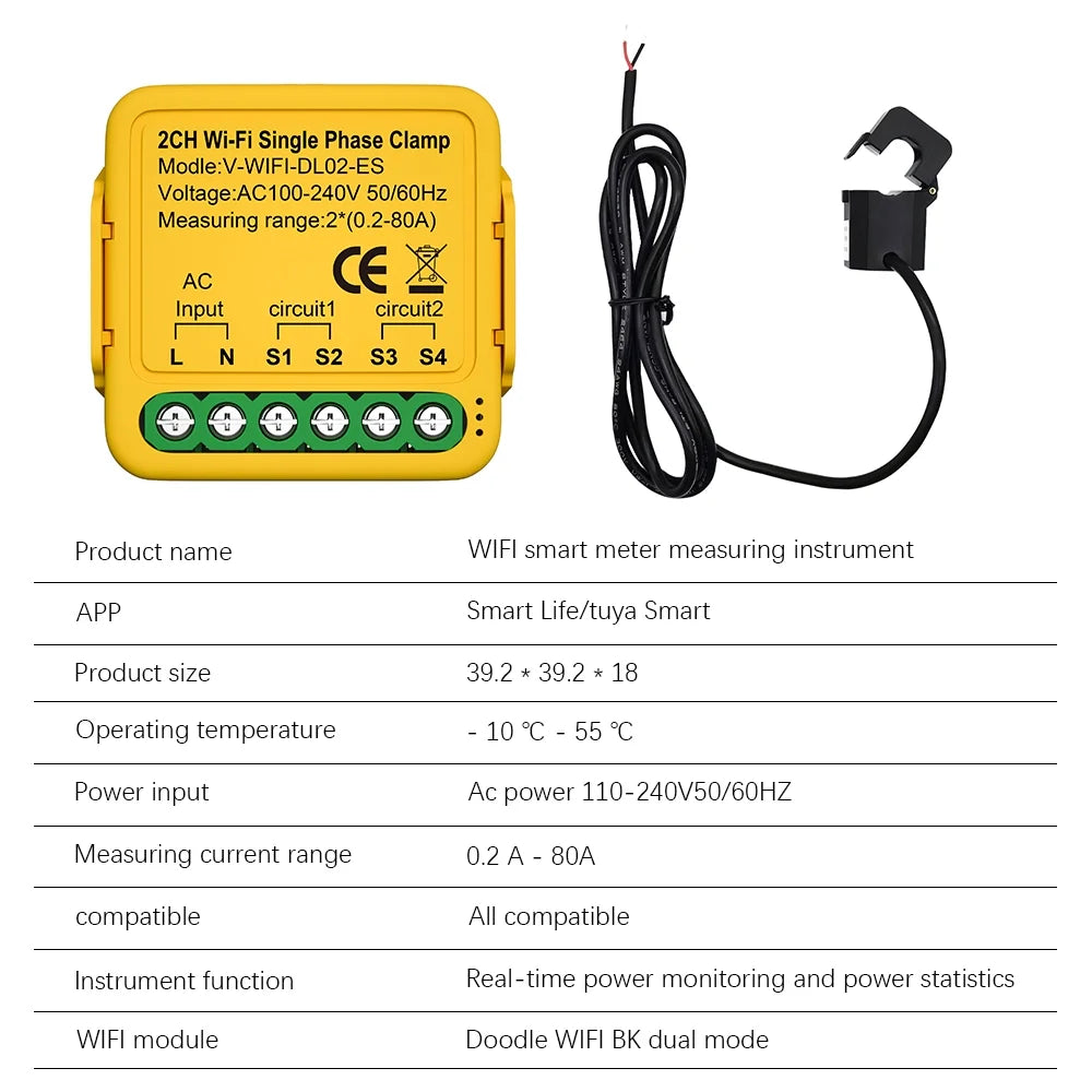 Clamp 80a 80a Smart Automatic Meter Phase Clamp regulator,Statistics Current 100-240v Solar Consumption Meter 50/60hz Wifi 2. Smart voltage Solar Andoer Clamp Solar