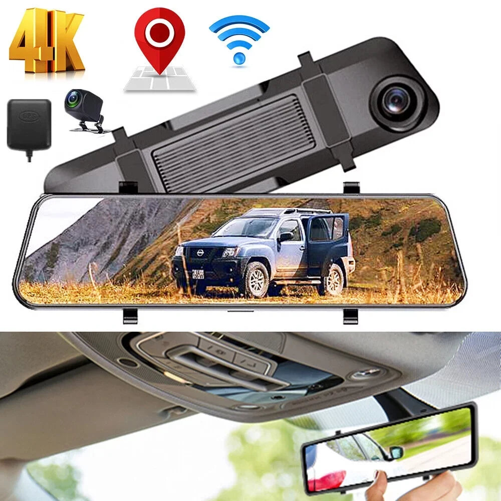 Dash View Backup WiFi Cam Voice Control Mirror 12" 4K Camera Car Kqiang Rear Dual