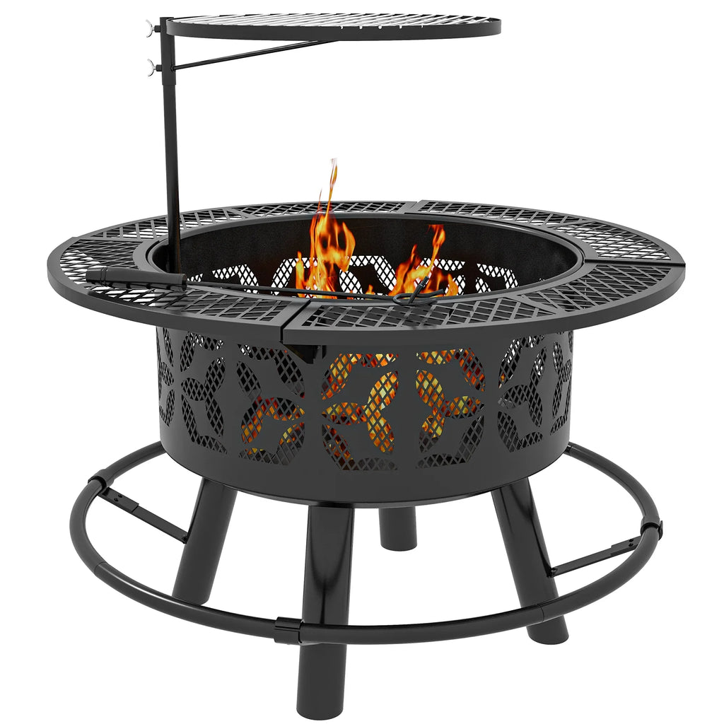 Grate Round, Wood Adjustable and with Poker, Pit Picnic, Black Cooking Firepit for Grill Burning Fire Capri Outdoor Backyard, 33" Patio,