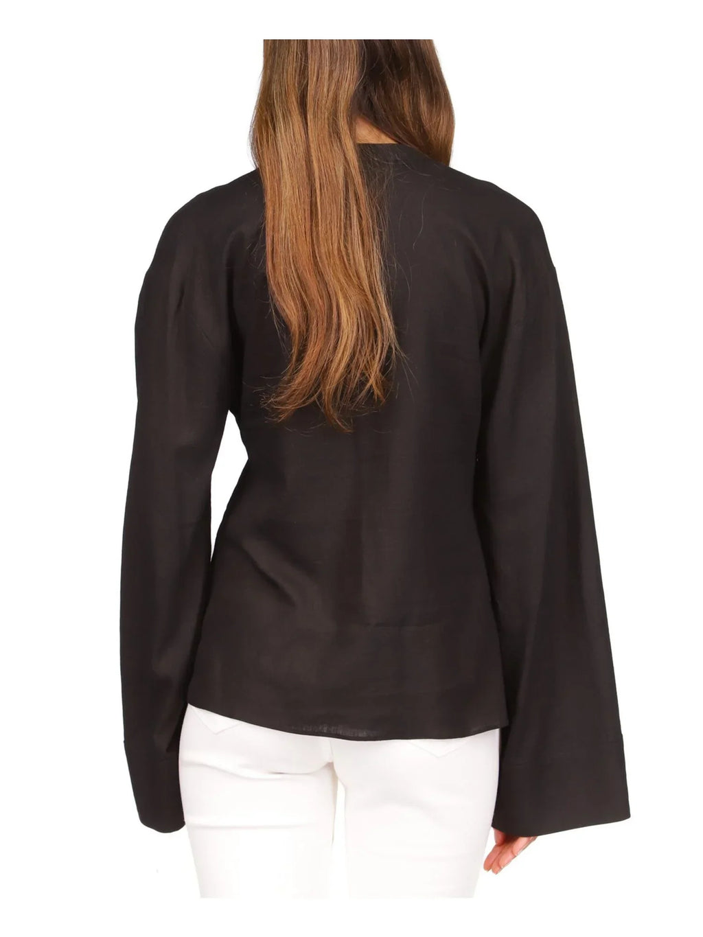 Split Sheer Top Bell Hem Womens Waist Unlined Black Button M Tie Curved Sleeve Up